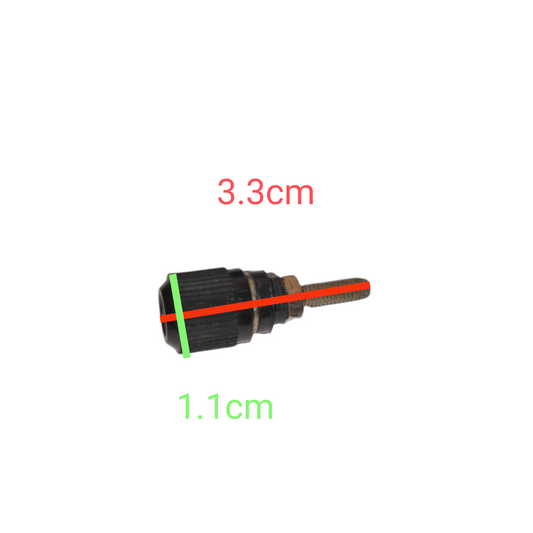 Black electrical binding post for school projects with size measurements for electrical circuitry