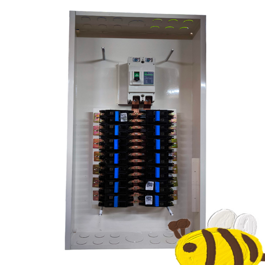 Koten open electrical panel showing breakers and copper bus bars Panel Board 225A 2 Pole Main 14 Branches .