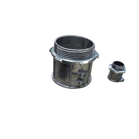Local EMT connector with lock nut made from durable metal for secure piping connections