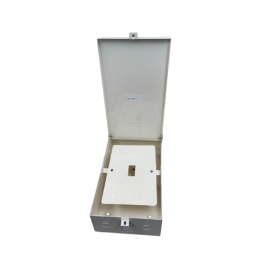 Enclosure for PW100SP Koten 2Pole electrical circuitry part with a white metal box and hinged cover