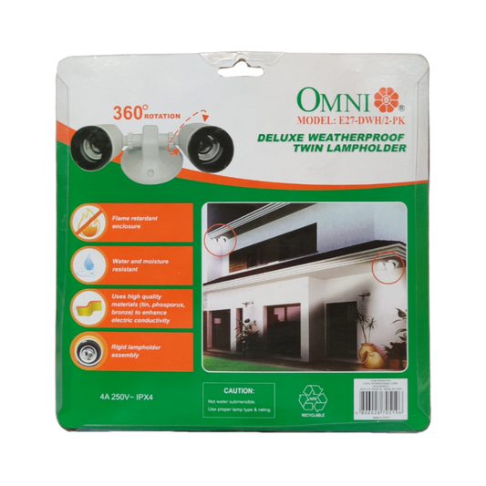 Omni Weatherproof Heavy Duty Lamp Holder 2 x E27, Outdoor E27 Socket Angle Lamp Holder Deluxe Weatherproof Twin Lamp holder