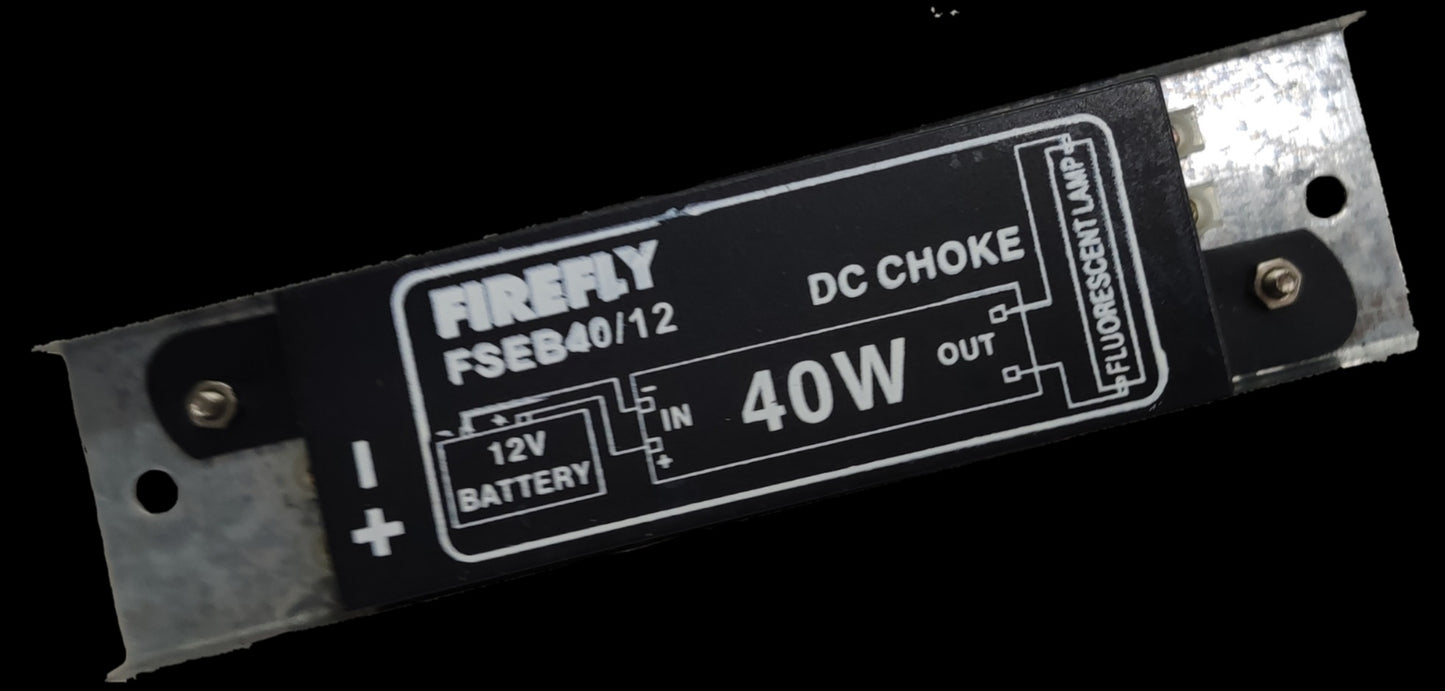 Firefly 40W fluorescent ballast 12V DC with metal mounting brackets and wiring diagram label