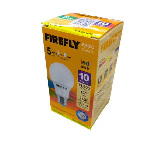 Firefly 5W LED bulb E27 220V packaging featuring energy efficiency and long lifespan