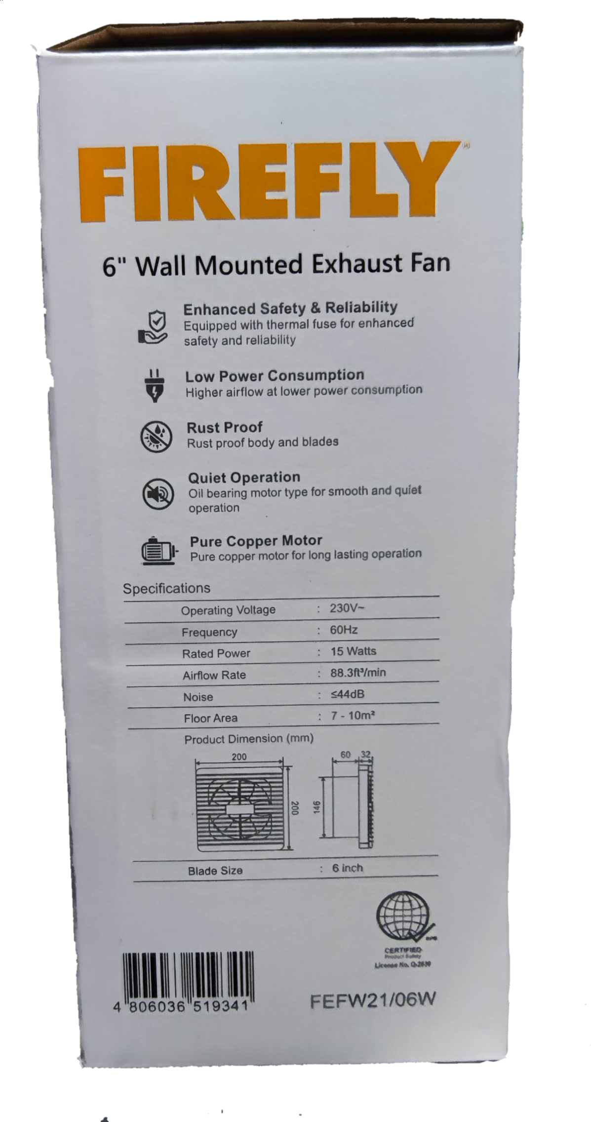 Firefly 6 inch exhaust fan 220V wall mounted with enhanced safety and low power consumption