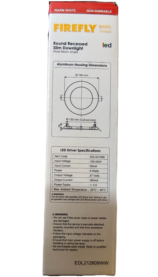 Firefly 9W LED round recessed downlight package with specifications and dimensions for ceiling installation