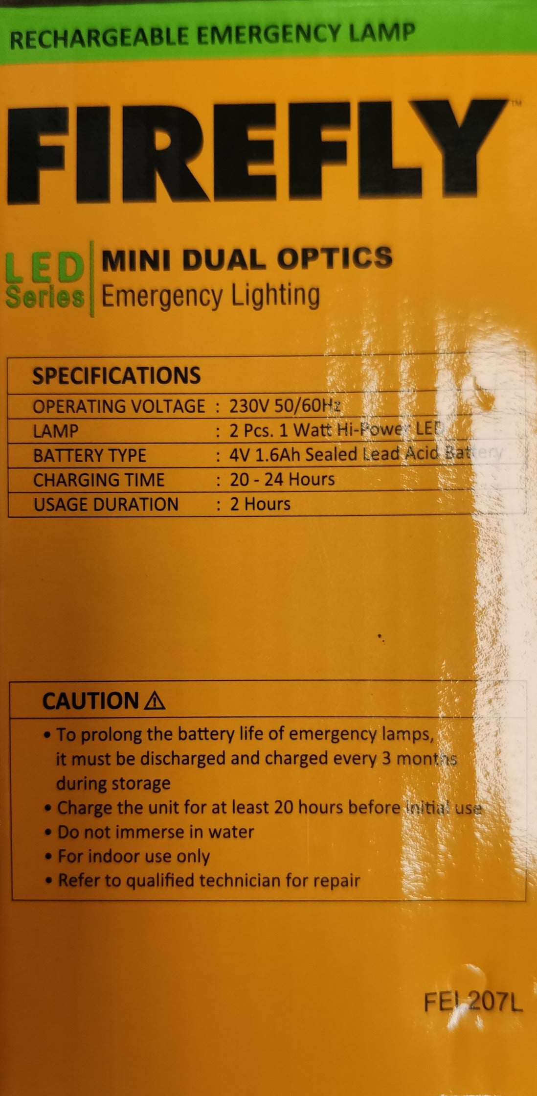 Firefly Emergency Light Mini Dual Optics LED rechargeable safety lamp with specifications label
