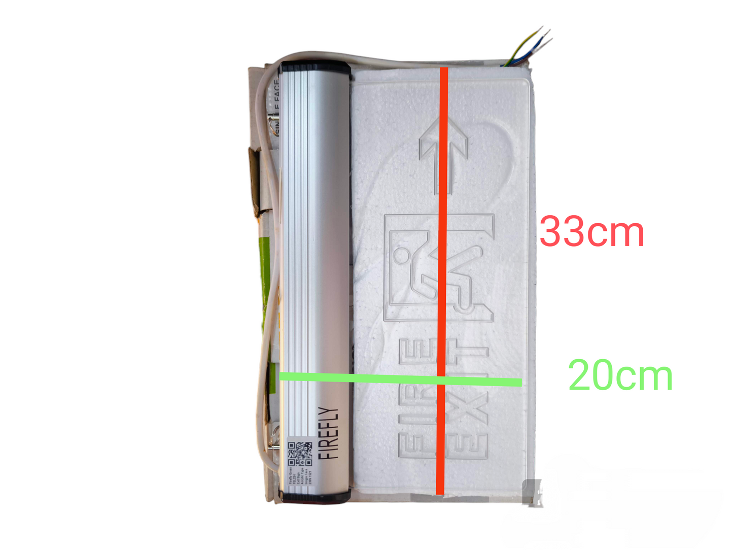 Firefly Acrylic LED Sign 220V packed in foam with aluminum profile exposed wires and size markings 33cm by 20cm