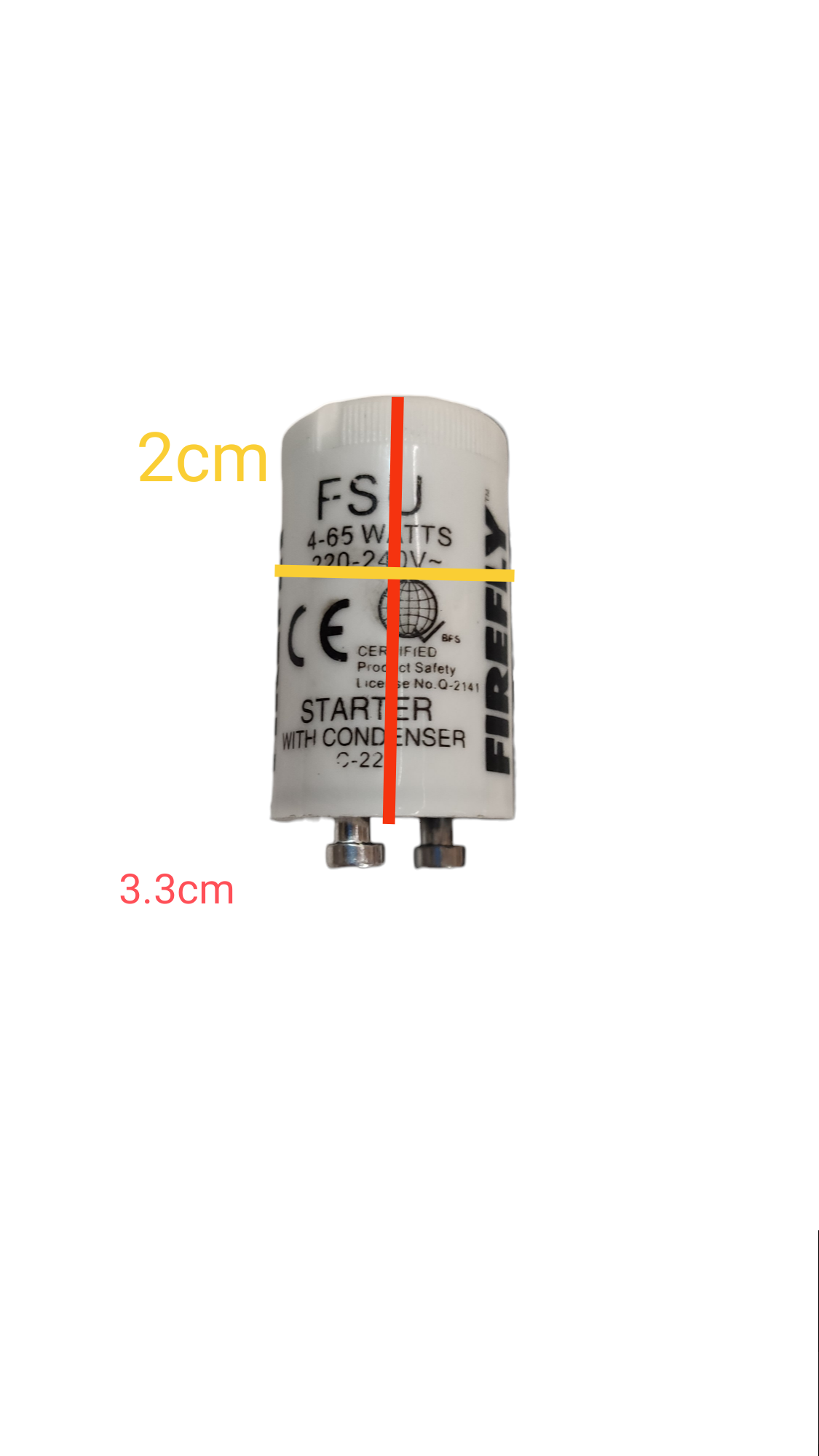 Firefly Fluorescent Starter FSU 4-65W 220V white cylindrical starter with two metal pins for fluorescent lamps