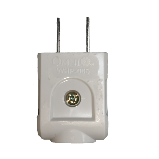 Omni 15A 250V flat pin electrical plug with durable white housing and secure grounding design.