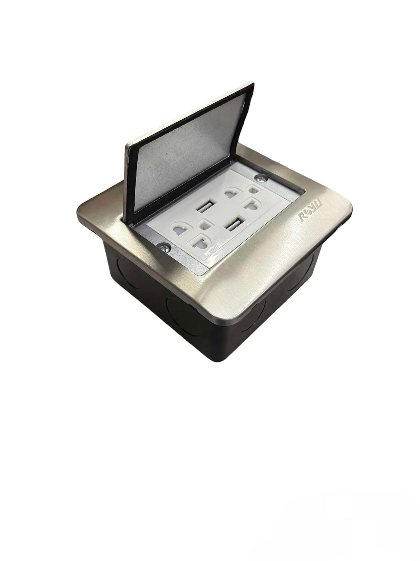 Royu Floor Outlet Duplex Universal with Ground in stainless steel cover and protective lid