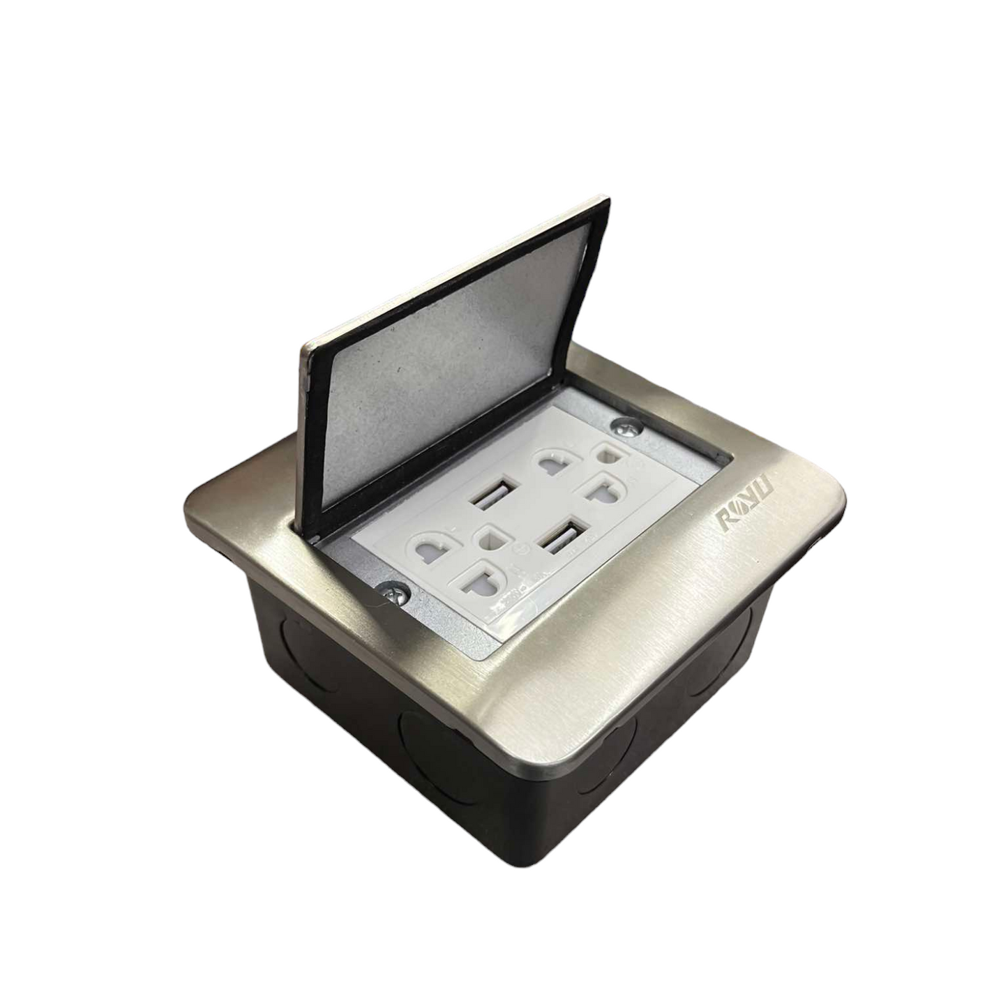Royu Floor Outlet Duplex Universal with Ground in stainless steel cover and protective lid