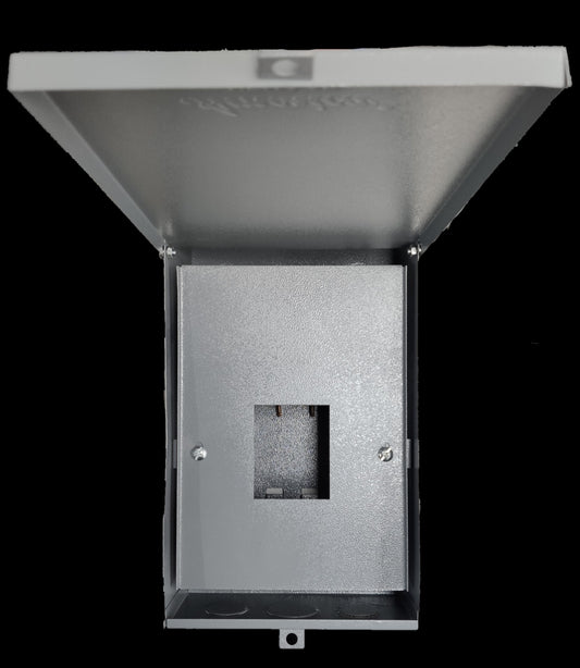 GE TQL 2 pole breaker housing made of durable metal with a hinged lid for electrical circuit protection