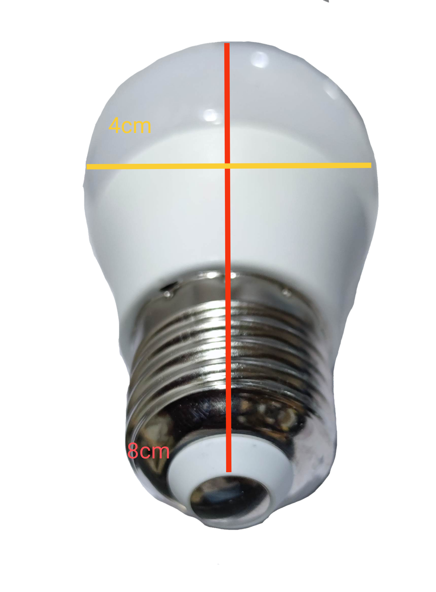 Denko 12V DC LED bulb E27 warm white top view showing E27 screw base and measured 4cm head and 8cm length