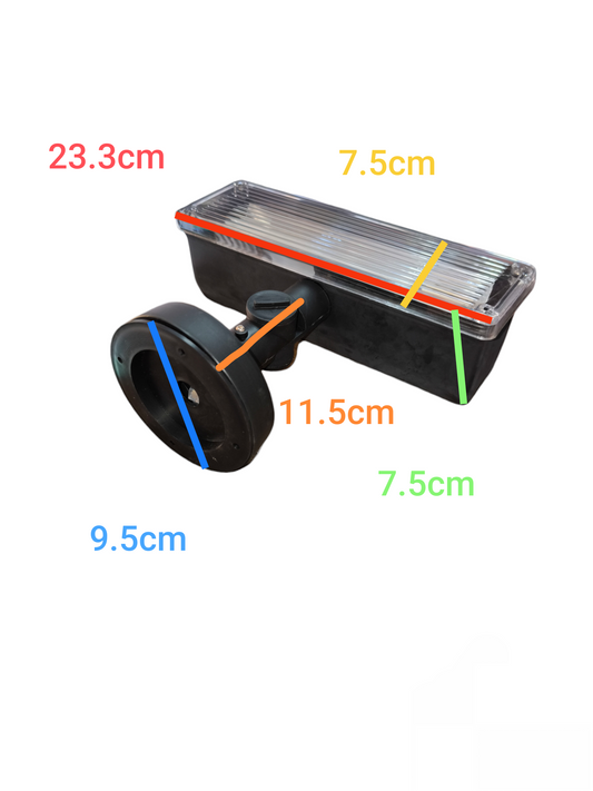 13W CFL outdoor lamp with rectangular clear cover and black base measuring 23.3cm by 7.5cm