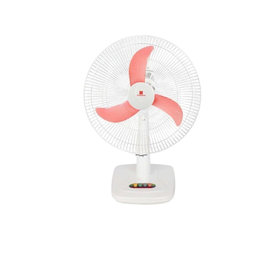 Standard white 16 Inches Desk Fan 220V Banana Blade . Three pink banana blades on white desk fan with speed buttons