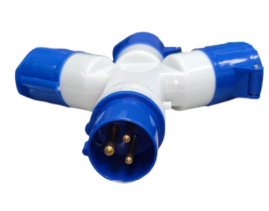 Grippes 16A industrial connector splitter with three blue and white power sockets for heavy-duty electrical use