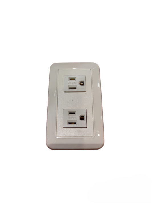 Anam 2 gang flat pin outlet with ground in white for safe electrical connections