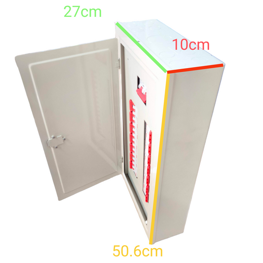 Himel 2 pole main panel board 14 branches with open white metal cabinet and visible switches
