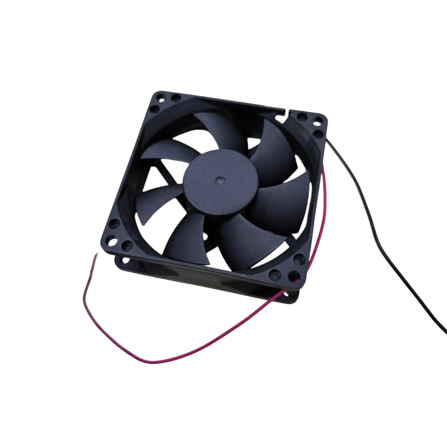 Black 24V DC box fan exhaust fan with seven blades and attached red and black wires