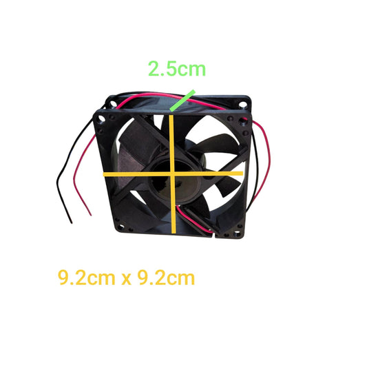 24V DC box fan exhaust fan in black with dimensions 9.2cm by 9.2cm and 2.5cm thickness