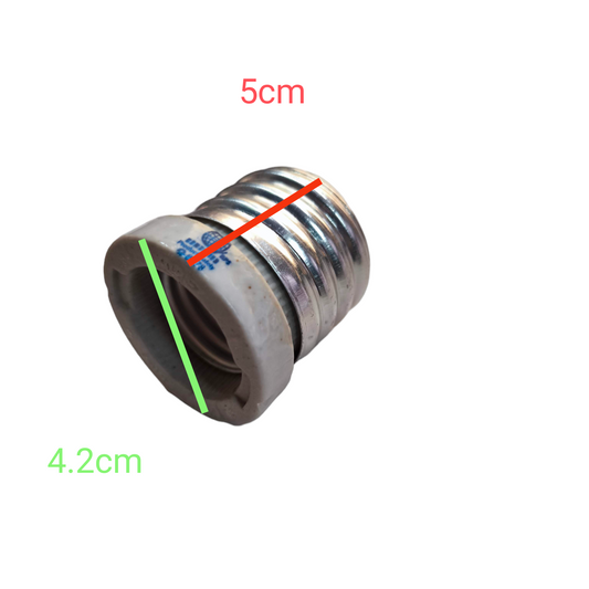 Kopez E40 to E27 bulb adapter showing metal and ceramic base with size measurements