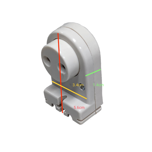 Kopez fluorescent tube holder spring type in white plastic with measurements for lighting installation