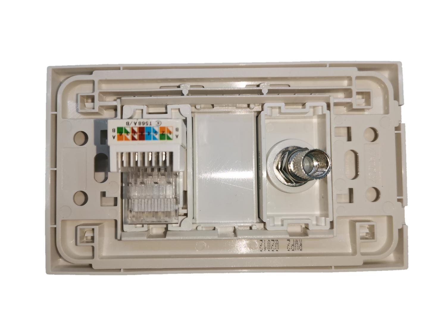 Royu LAN outlet and cable TV socket electrical circuitry part with white plastic casing