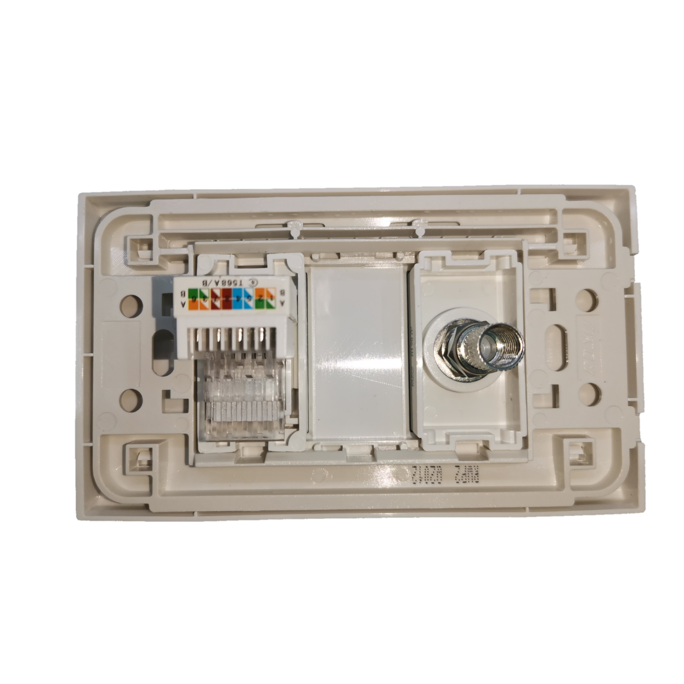 Royu LAN outlet and cable TV socket electrical circuitry part with white plastic casing