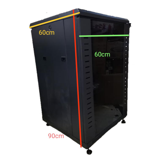 Black server cabinet with measurements on a white background Data Cabinet 18U Server Rack Network Cabinet with Glass Door 90cm x 60cm x 60cm
