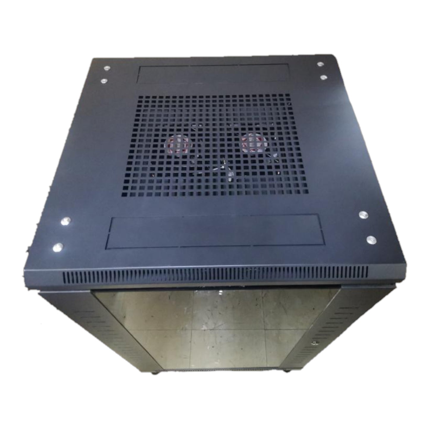 Black metal cabinet with ventilation holes on a white background Data Cabinet 18U Server Rack Network Cabinet with Glass Door 90cm x 60cm x 60cm