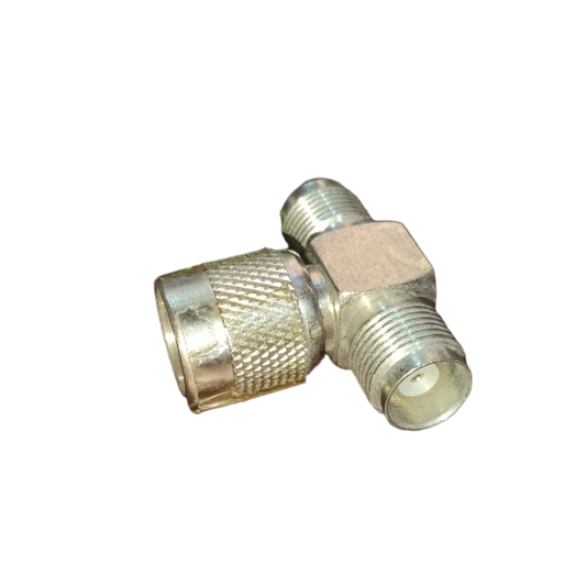 Close-up of a metal TNC T Type Connector used in electrical circuitry and parts