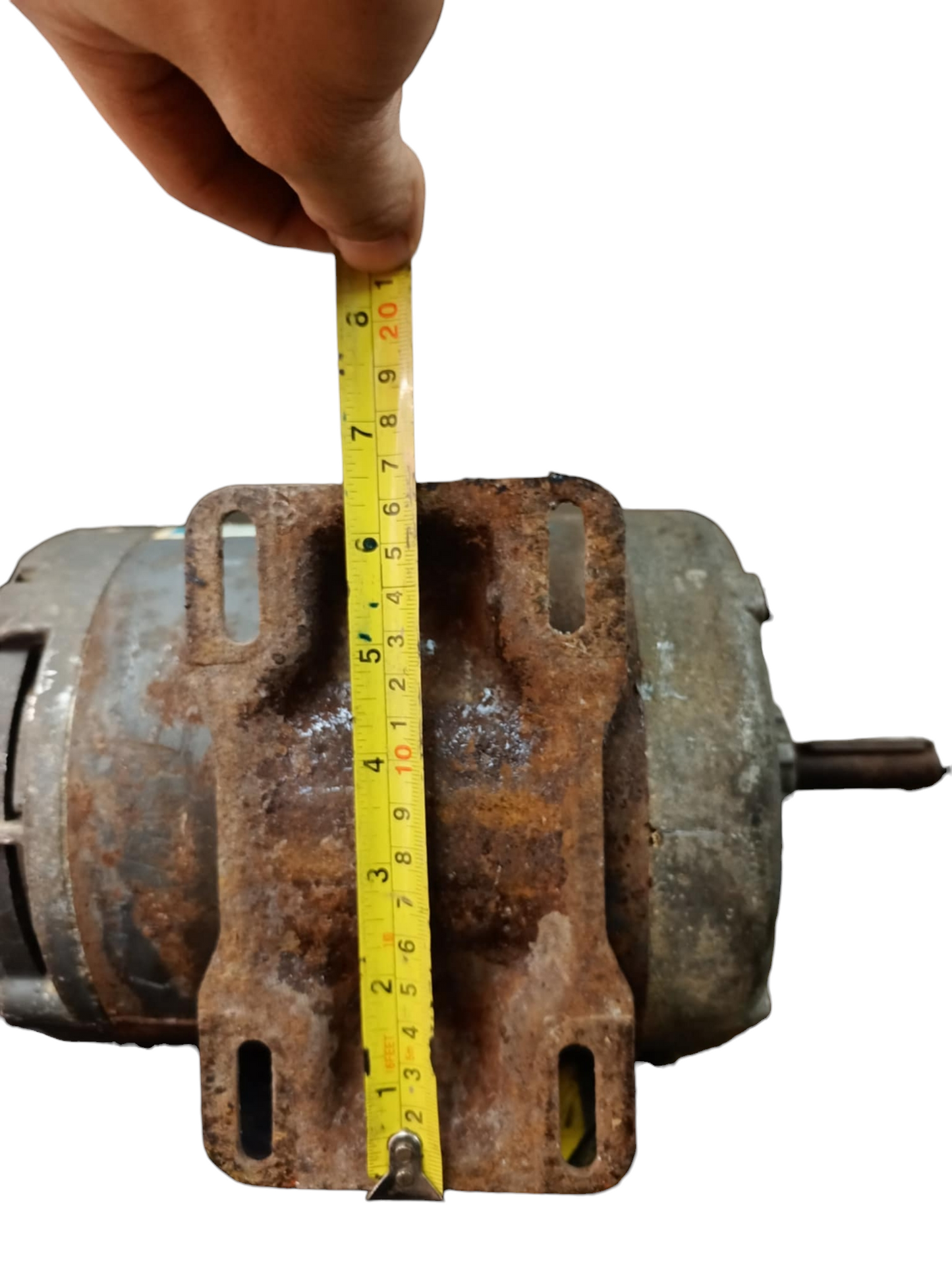 Gould RPM 1725 Refurbished electrical motor with rusted metal casing and measuring tape