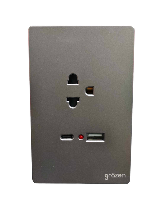 Grazen 1 gang outlet with USB-C and USB-A in matte gray finish for versatile charging