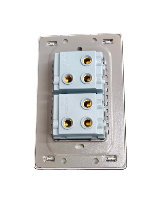 Grazen 2 gang 3 way switch gold showing rear wiring terminals and mounting plate