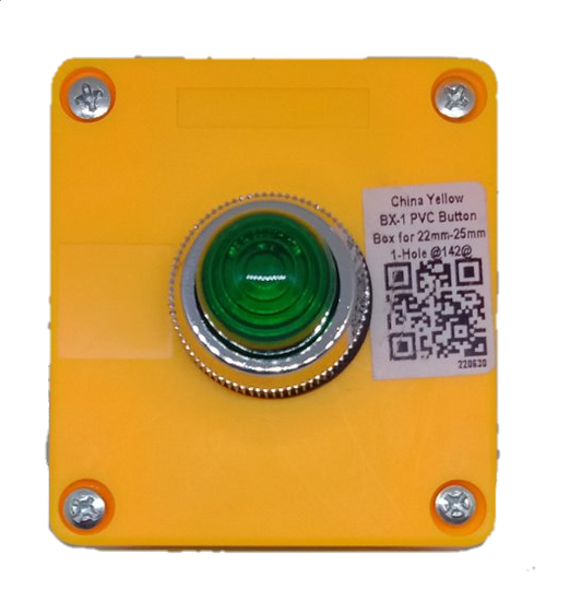 Auspicious green pilot lamp with enclosure mounted on a yellow BX-1 PVC button box with screws