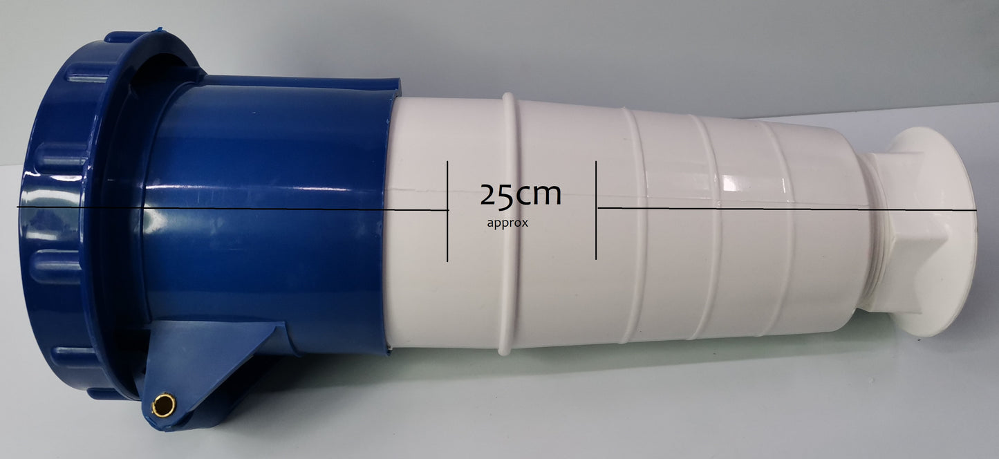 Grippes 63A industrial outlet connector in blue and white with cylindrical design and measurement of 25 centimeters