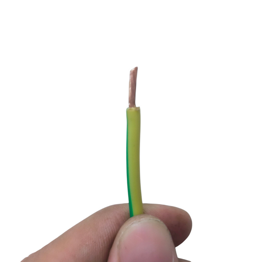 Close-up of hand holding Grounding Cable 2.0mm AWG14 wire with yellow and green insulation