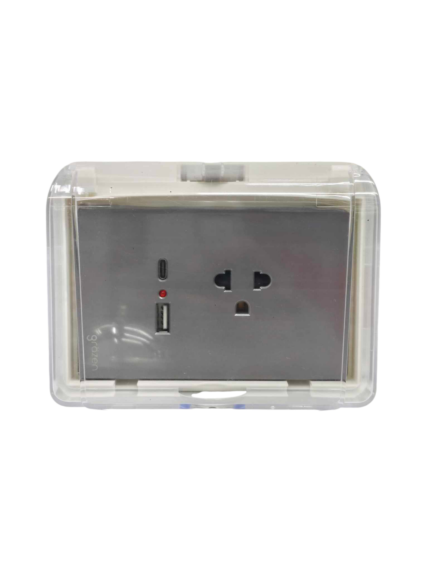 Grazen universal outlet with USB-C and USB-A ports in protective clear cover