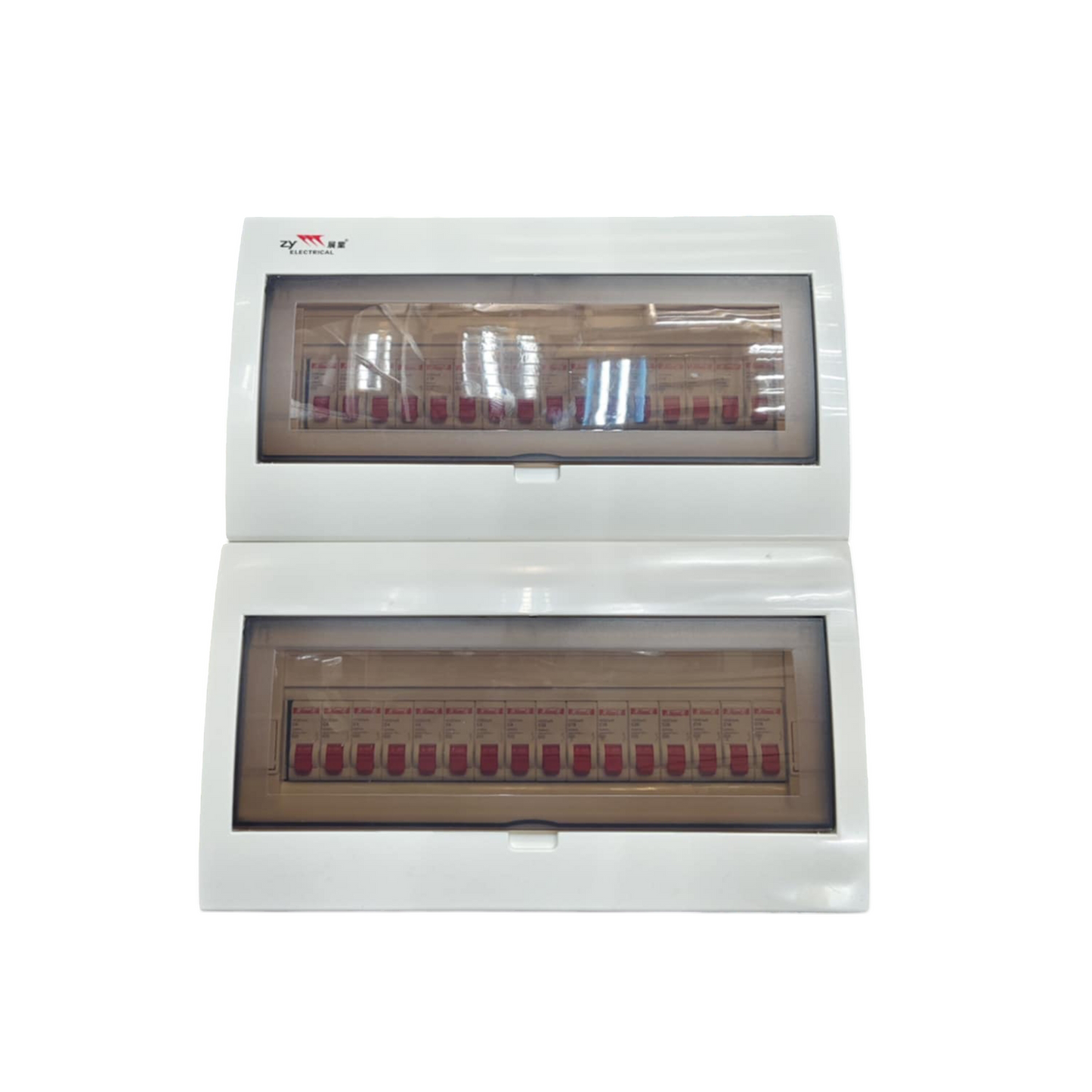 Himel and ZY HDB Type Miniature Circuit Breaker enclosed in white plastic casing with transparent covers
