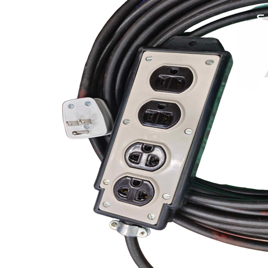 Heavy duty 4 gang extension cord with four black outlets and a durable thick black cable