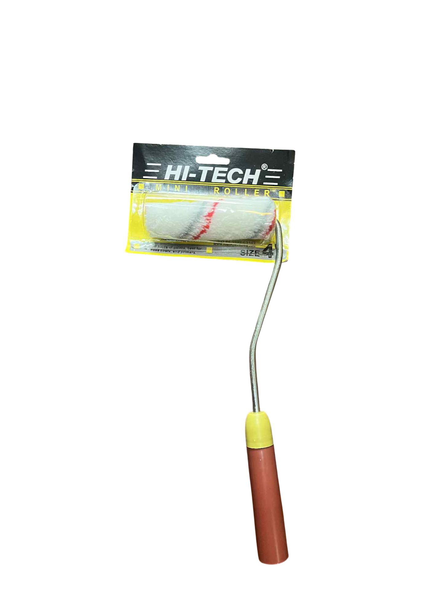 Hi-Tech 4 inch paint roller brush with a yellow handle and a soft roller for smooth painting