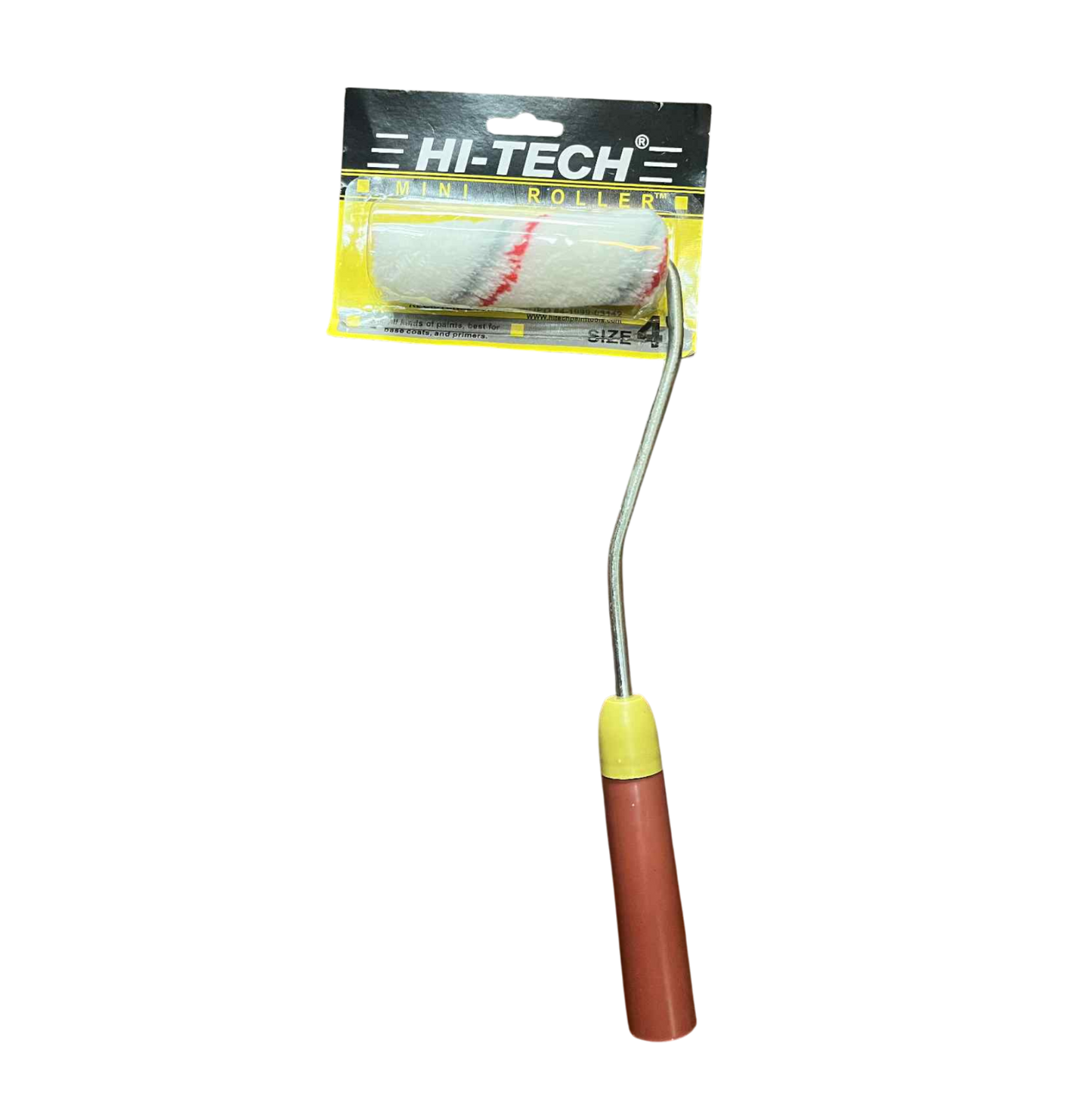 Hi-Tech 4 inch paint roller brush with a yellow handle and a soft roller for smooth painting