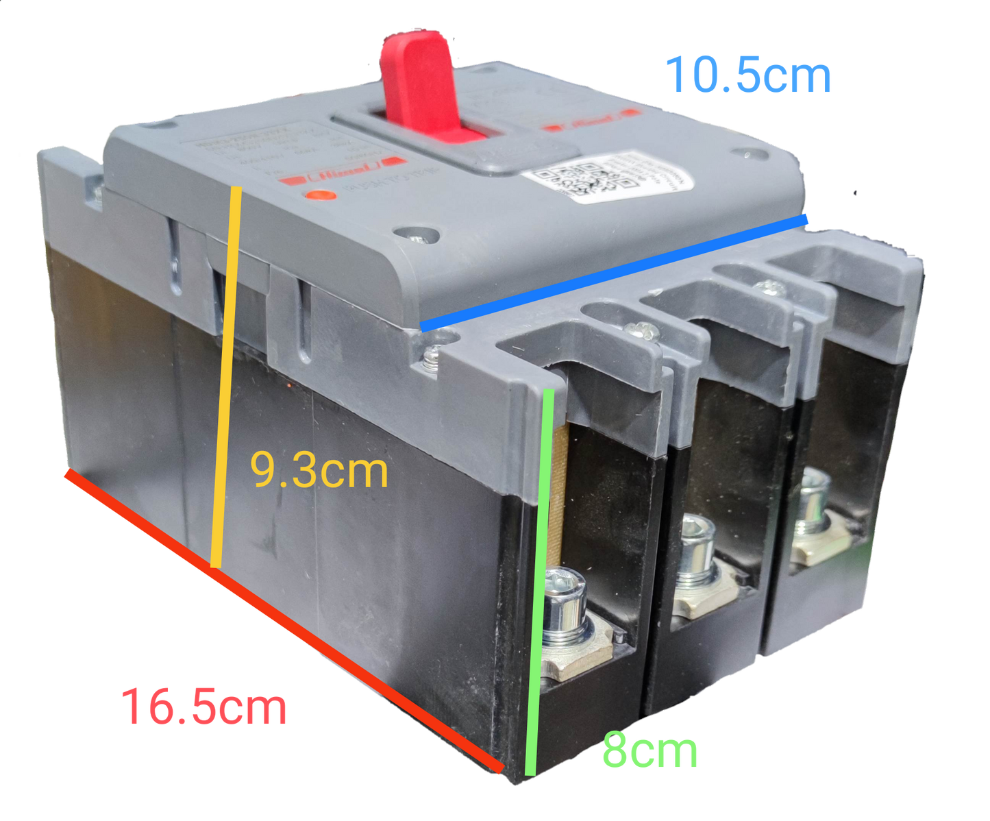Himel 200A industrial circuit breaker with three terminals and red switch lever