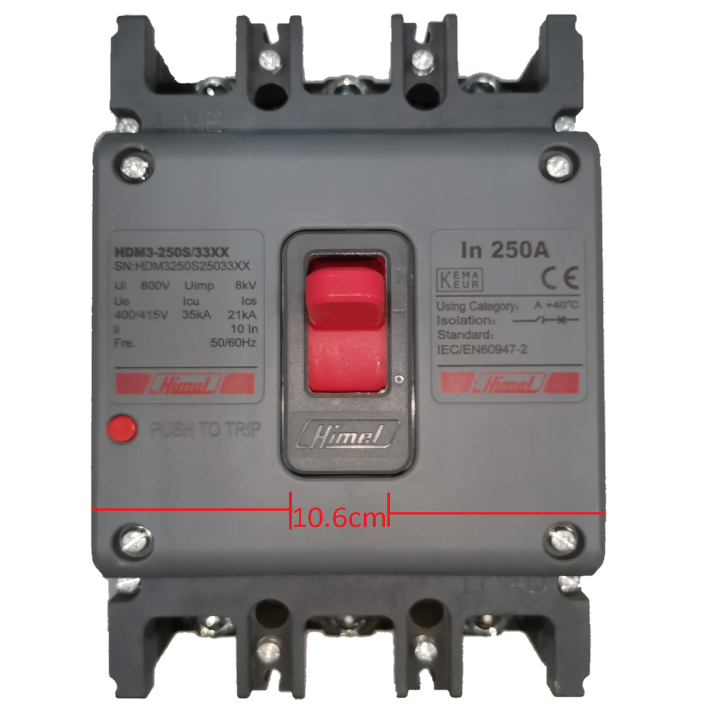Himel 250A Industrial Circuit Breaker 3 Pole with red switch and gray casing for electrical protection