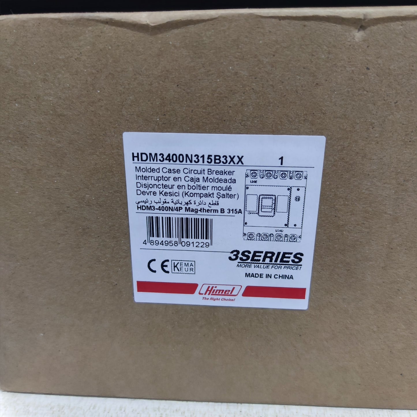 Himel molded case circuit breaker box with label showing 315A 4 Pole 220V 70 KAIC 400V specifications