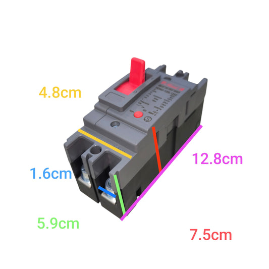 Himel 40A 2 Pole Molded Case Circuit Breaker with red switch and detailed dimensions