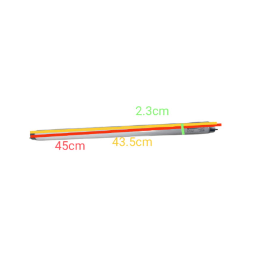 Hitachi 15W T8 daylight fluorescent tube showing length and diameter measurements clearly