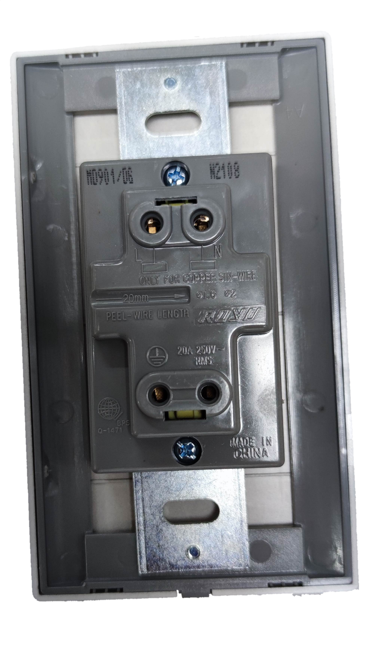 Royu Tandem Outlet with Plate Dark Gray showing rear view metal mounting bracket and screws