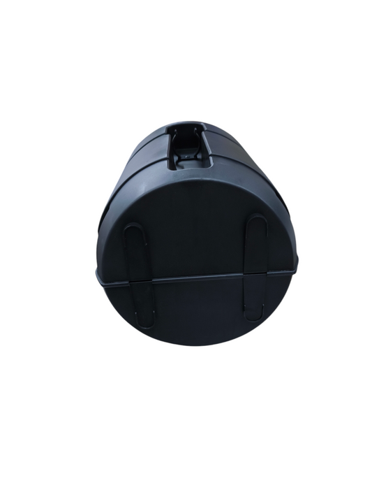 Black cylindrical Bluetooth Speaker with Microphone HTM from China shown from top view