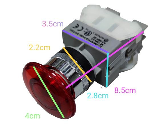 Auspicious illuminated emergency push button with red cap and detailed size dimensions for power points and switches